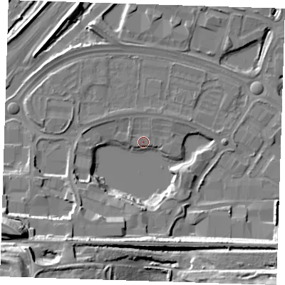 Shaded relief map of the ground around DA26QH, computed from Environment Agency LiDAR. The ground here sits at about 3 m above sea level and falls 30 m across the surrounding 800 m. Surface water reaching this point runs off ground lying to the south-west, 16.1 m higher.