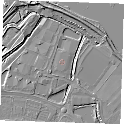 Shaded relief map of the ground around DA26QJ, computed from Environment Agency LiDAR. The ground here sits at about 3 m above sea level and falls 15 m across the surrounding 800 m. The ground contributing surface water to this point lies to the west.