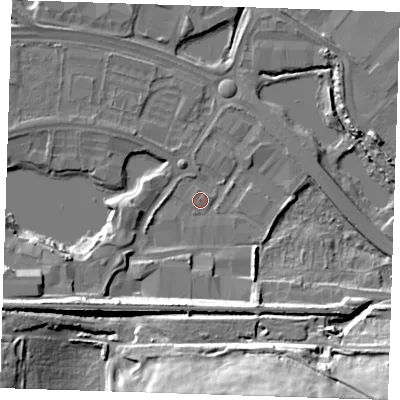 Shaded relief map of the ground around DA26QL, computed from Environment Agency LiDAR. The ground here sits at about 3 m above sea level and falls 30 m across the surrounding 800 m. Surface water reaching this point runs off ground lying to the south-south-west, 10.6 m higher.