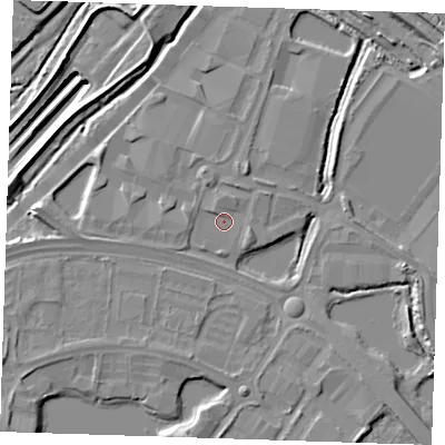 Shaded relief map of the ground around DA26QN, computed from Environment Agency LiDAR. The ground here sits at about 3 m above sea level and falls 14 m across the surrounding 800 m. Surface water reaching this point runs off ground lying to the north-north-east, 2.6 m higher.