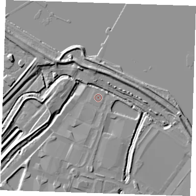 Shaded relief map of the ground around DA26QP, computed from Environment Agency LiDAR. The ground here sits at about 3 m above sea level and falls 15 m across the surrounding 800 m. The ground contributing surface water to this point lies to the west.