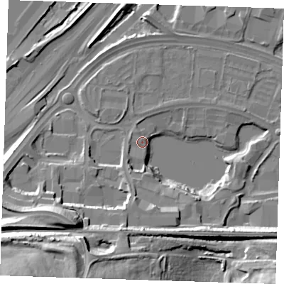 Shaded relief map of the ground around DA26QQ, computed from Environment Agency LiDAR. The ground here sits at about 4 m above sea level and falls 34 m across the surrounding 800 m. Surface water reaching this point runs off ground lying to the south-south-west, 16.1 m higher.