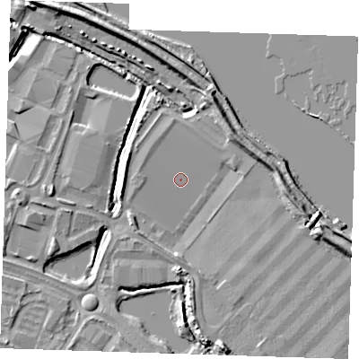 Shaded relief map of the ground around DA26QR, computed from Environment Agency LiDAR. The ground here sits at about 3 m above sea level and falls 8 m across the surrounding 800 m. Surface water reaching this point runs off ground lying to the west, 1.4 m higher.