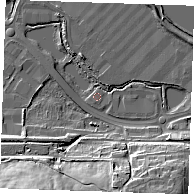 Shaded relief map of the ground around DA26QY, computed from Environment Agency LiDAR. The ground here sits at about 3 m above sea level and falls 34 m across the surrounding 800 m. The ground contributing surface water to this point lies to the south-south-west.