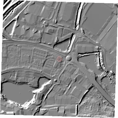 Shaded relief map of the ground around DA26SL, computed from Environment Agency LiDAR. The ground here sits at about 3 m above sea level and falls 19 m across the surrounding 800 m. Surface water reaching this point runs off ground lying to the south-west, 7.3 m higher.