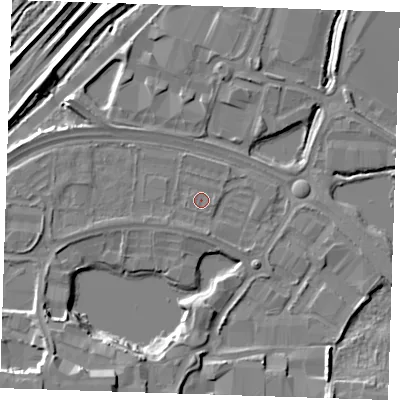 Shaded relief map of the ground around DA26SN, computed from Environment Agency LiDAR. The ground here sits at about 3 m above sea level and falls 19 m across the surrounding 800 m. Surface water reaching this point runs off ground lying to the south-south-west, 1.3 m higher.