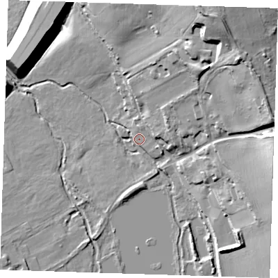 Shaded relief map of the ground around DA27BF, computed from Environment Agency LiDAR. The ground here sits at about 15 m above sea level and falls 37 m across the surrounding 800 m. Surface water reaching this point runs off ground lying to the north-east, 31.1 m higher.