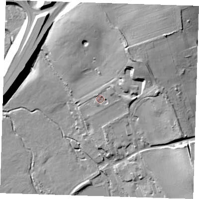 Shaded relief map of the ground around DA27QT, computed from Environment Agency LiDAR. The ground here sits at about 27 m above sea level and falls 38 m across the surrounding 800 m. Surface water reaching this point runs off ground lying to the east-north-east, 10.7 m higher.