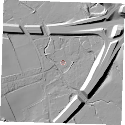 Shaded relief map of the ground around DA27QX, computed from Environment Agency LiDAR. The ground here sits at about 11 m above sea level and falls 24 m across the surrounding 800 m. Surface water reaching this point runs off ground lying to the west-south-west, 2.4 m higher.