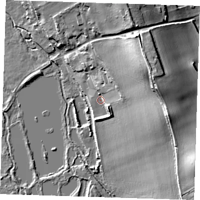 Shaded relief map of the ground around DA27QY, computed from Environment Agency LiDAR. The ground here sits at about 19 m above sea level and falls 35 m across the surrounding 800 m. Surface water reaching this point runs off ground lying to the east-north-east, 29.3 m higher.