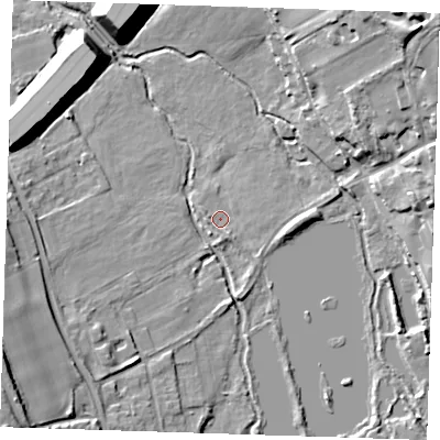 Shaded relief map of the ground around DA27QZ, computed from Environment Agency LiDAR. The ground here sits at about 14 m above sea level and falls 29 m across the surrounding 800 m. Surface water reaching this point runs off ground lying to the south-south-east, 1.6 m higher.