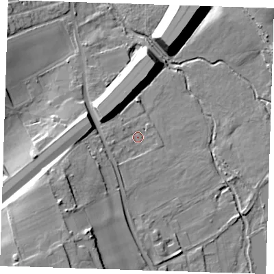 Shaded relief map of the ground around DA27RD, computed from Environment Agency LiDAR. The ground here sits at about 15 m above sea level and falls 22 m across the surrounding 800 m. Surface water reaching this point runs off ground lying to the south-west, 15.3 m higher.