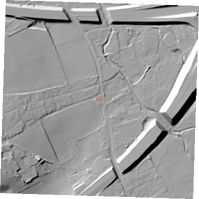Shaded relief map of the ground around DA27RQ, computed from Environment Agency LiDAR. The ground here sits at about 13 m above sea level and falls 22 m across the surrounding 800 m. Surface water reaching this point runs off ground lying to the west-south-west, 19.2 m higher.