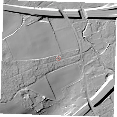 Shaded relief map of the ground around DA27RZ, computed from Environment Agency LiDAR. The ground here sits at about 17 m above sea level and falls 27 m across the surrounding 800 m. Surface water reaching this point runs off ground lying to the west-south-west, 13.5 m higher.