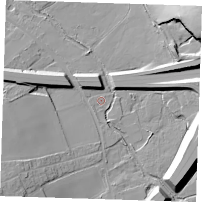 Shaded relief map of the ground around DA27SR, computed from Environment Agency LiDAR. The ground here sits at about 12 m above sea level and falls 24 m across the surrounding 800 m. Surface water reaching this point runs off ground lying to the south-west, 2.2 m higher.