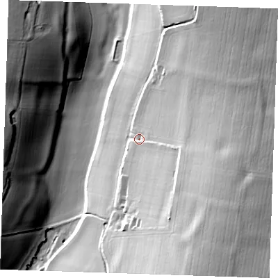 Shaded relief map of the ground around DA38LB, computed from Environment Agency LiDAR. The ground here sits at about 89 m above sea level and falls 50 m across the surrounding 800 m. Surface water reaching this point runs off ground lying to the south-south-east, 31.1 m higher.