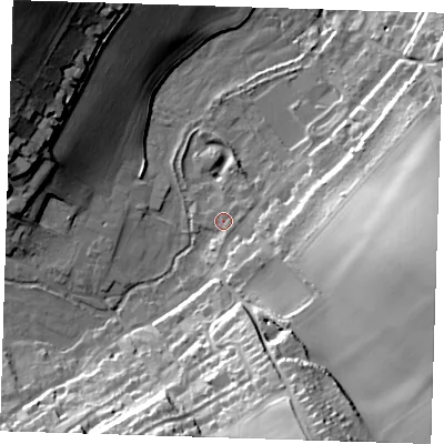 Shaded relief map of the ground around DA40AA, computed from Environment Agency LiDAR. The ground here sits at about 39 m above sea level and falls 40 m across the surrounding 800 m. Surface water reaching this point runs off ground lying to the south-south-east, 36.7 m higher.