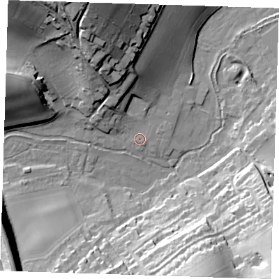 Shaded relief map of the ground around DA40AE, computed from Environment Agency LiDAR. The ground here sits at about 39 m above sea level and falls 38 m across the surrounding 800 m. Surface water reaching this point runs off ground lying to the north-north-west, 23.1 m higher.