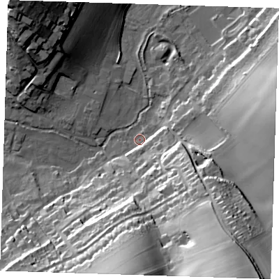 Shaded relief map of the ground around DA40AH, computed from Environment Agency LiDAR. The ground here sits at about 38 m above sea level and falls 52 m across the surrounding 800 m. Surface water reaching this point runs off ground lying to the south-east, 34.8 m higher.