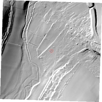 Shaded relief map of the ground around DA40BE, computed from Environment Agency LiDAR. The ground here sits at about 36 m above sea level and falls 42 m across the surrounding 800 m. Surface water reaching this point runs off ground lying to the south-south-east, 4.6 m higher.