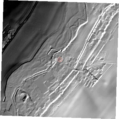 Shaded relief map of the ground around DA40BN, computed from Environment Agency LiDAR. The ground here sits at about 37 m above sea level and falls 50 m across the surrounding 800 m. Surface water reaching this point runs off ground lying to the south-east, 2.8 m higher.