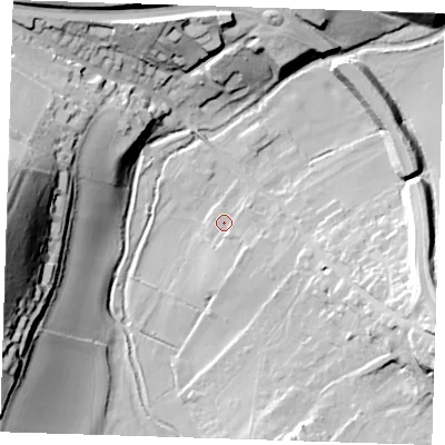 Shaded relief map of the ground around DA40BS, computed from Environment Agency LiDAR. The ground here sits at about 33 m above sea level and falls 51 m across the surrounding 800 m. Surface water reaching this point runs off ground lying to the south-south-east, 3.5 m higher.