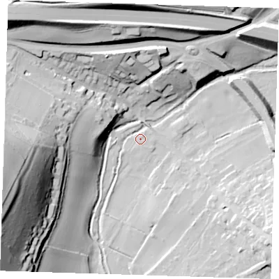 Shaded relief map of the ground around DA40DG, computed from Environment Agency LiDAR. The ground here sits at about 33 m above sea level and falls 63 m across the surrounding 800 m. Surface water reaching this point runs off ground lying to the west-south-west, 62.0 m higher.