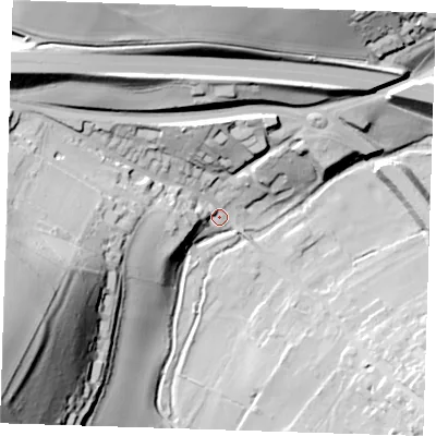 Shaded relief map of the ground around DA40DP, computed from Environment Agency LiDAR. The ground here sits at about 34 m above sea level and falls 68 m across the surrounding 800 m. Surface water reaching this point runs off ground lying to the west-south-west, 63.4 m higher.