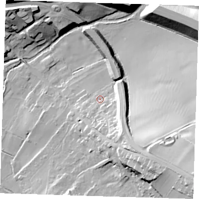 Shaded relief map of the ground around DA40DQ, computed from Environment Agency LiDAR. The ground here sits at about 36 m above sea level and falls 38 m across the surrounding 800 m. Surface water reaching this point runs off ground lying to the south-south-east, 16.4 m higher.