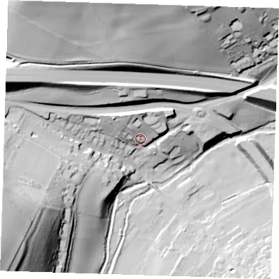 Shaded relief map of the ground around DA40DX, computed from Environment Agency LiDAR. The ground here sits at about 45 m above sea level and falls 67 m across the surrounding 800 m. Surface water reaching this point runs off ground lying to the north-north-west, 15.5 m higher.