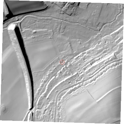 Shaded relief map of the ground around DA40EJ, computed from Environment Agency LiDAR. The ground here sits at about 47 m above sea level and falls 62 m across the surrounding 800 m. Surface water reaching this point runs off ground lying to the south-south-east, 42.2 m higher.