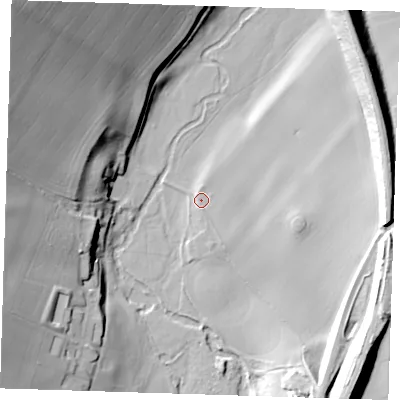Shaded relief map of the ground around DA40HY, computed from Environment Agency LiDAR. The ground here sits at about 43 m above sea level and falls 48 m across the surrounding 800 m. Surface water reaching this point runs off ground lying to the south-south-east, 3.2 m higher.
