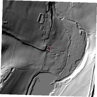 Shaded relief map of the ground around DA40JA, computed from Environment Agency LiDAR. The ground here sits at about 49 m above sea level and falls 45 m across the surrounding 800 m. Surface water reaching this point runs off ground lying to the west-north-west, 5.8 m higher.