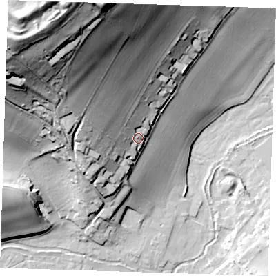 Shaded relief map of the ground around DA40JJ, computed from Environment Agency LiDAR. The ground here sits at about 55 m above sea level and falls 80 m across the surrounding 800 m. Surface water reaching this point runs off ground lying to the north-west, 45.2 m higher.