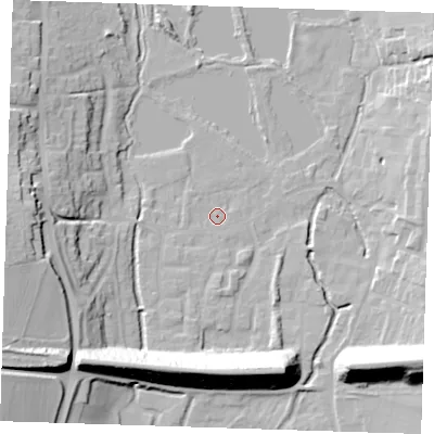 Shaded relief map of the ground around DA49AA, computed from Environment Agency LiDAR. The ground here sits at about 20 m above sea level and falls 27 m across the surrounding 800 m. Surface water reaching this point runs off ground lying to the south, 2.4 m higher.