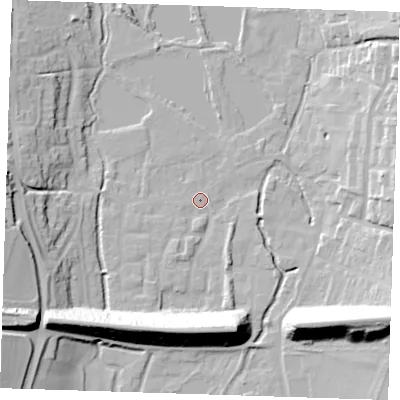 Shaded relief map of the ground around DA49AB, computed from Environment Agency LiDAR. The ground here sits at about 21 m above sea level and falls 27 m across the surrounding 800 m. Surface water reaching this point runs off ground lying to the south-south-east, 22.7 m higher.