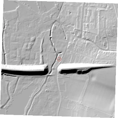 Shaded relief map of the ground around DA49AX, computed from Environment Agency LiDAR. The ground here sits at about 22 m above sea level and falls 29 m across the surrounding 800 m. Surface water reaching this point runs off ground lying to the east, 26.8 m higher.