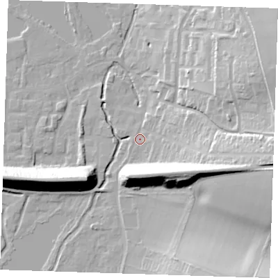 Shaded relief map of the ground around DA49AY, computed from Environment Agency LiDAR. The ground here sits at about 23 m above sea level and falls 32 m across the surrounding 800 m. Surface water reaching this point runs off ground lying to the east-south-east, 23.8 m higher.