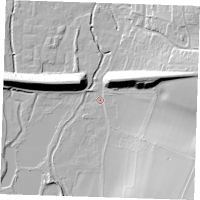 Shaded relief map of the ground around DA49AZ, computed from Environment Agency LiDAR. The ground here sits at about 23 m above sea level and falls 34 m across the surrounding 800 m. Surface water reaching this point runs off ground lying to the east-south-east, 23.2 m higher.