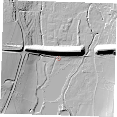 Shaded relief map of the ground around DA49BA, computed from Environment Agency LiDAR. The ground here sits at about 23 m above sea level and falls 26 m across the surrounding 800 m. Surface water reaching this point runs off ground lying to the west, 22.0 m higher.