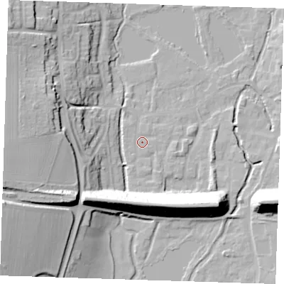 Shaded relief map of the ground around DA49BB, computed from Environment Agency LiDAR. The ground here sits at about 21 m above sea level and falls 28 m across the surrounding 800 m. Surface water reaching this point runs off ground lying to the west-south-west, 26.0 m higher.