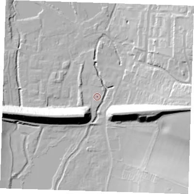 Shaded relief map of the ground around DA49BD, computed from Environment Agency LiDAR. The ground here sits at about 22 m above sea level and falls 28 m across the surrounding 800 m. Surface water reaching this point runs off ground lying to the east, 26.1 m higher.