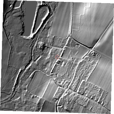 Shaded relief map of the ground around DA49BN, computed from Environment Agency LiDAR. The ground here sits at about 29 m above sea level and falls 39 m across the surrounding 800 m. Surface water reaching this point runs off ground lying to the east-south-east, 6.3 m higher.