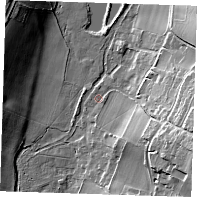 Shaded relief map of the ground around DA49BU, computed from Environment Agency LiDAR. The ground here sits at about 26 m above sea level and falls 28 m across the surrounding 800 m. Surface water reaching this point runs off ground lying to the north-west, 0.6 m higher.