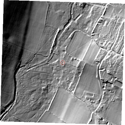 Shaded relief map of the ground around DA49BY, computed from Environment Agency LiDAR. The ground here sits at about 28 m above sea level and falls 25 m across the surrounding 800 m. Surface water reaching this point runs off ground lying to the south-south-east, 2.1 m higher.