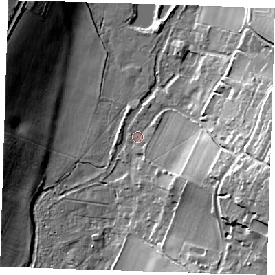 Shaded relief map of the ground around DA49BZ, computed from Environment Agency LiDAR. The ground here sits at about 26 m above sea level and falls 26 m across the surrounding 800 m. Surface water reaching this point runs off ground lying to the south-south-east, 1.9 m higher.