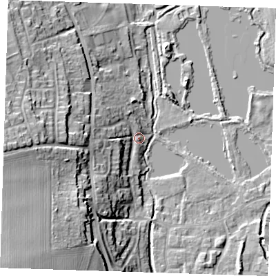 Shaded relief map of the ground around DA49DZ, computed from Environment Agency LiDAR. The ground here sits at about 22 m above sea level and falls 31 m across the surrounding 800 m. Surface water reaching this point runs off ground lying to the south-west, 27.3 m higher.