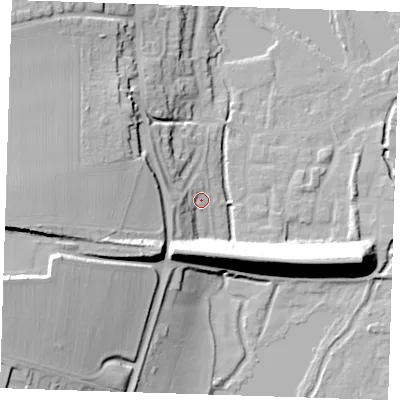 Shaded relief map of the ground around DA49EW, computed from Environment Agency LiDAR. The ground here sits at about 24 m above sea level and falls 32 m across the surrounding 800 m. Surface water reaching this point runs off ground lying to the west, 27.5 m higher.