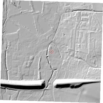 Shaded relief map of the ground around DA49FF, computed from Environment Agency LiDAR. The ground here sits at about 21 m above sea level and falls 29 m across the surrounding 800 m. Surface water reaching this point runs off ground lying to the south-south-east, 1.9 m higher.