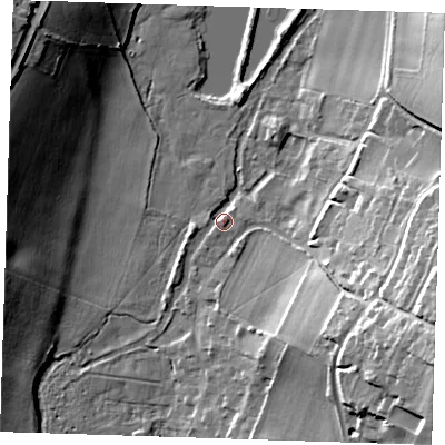 Shaded relief map of the ground around DA49GR, computed from Environment Agency LiDAR. The ground here sits at about 26 m above sea level and falls 28 m across the surrounding 800 m. Surface water reaching this point runs off ground lying to the east-south-east, 25.4 m higher.